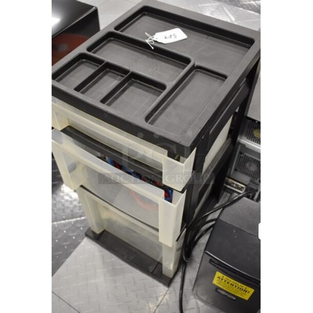 3 Drawer Plastic Storage Bin! Contents Include Various Wires and Belkin Surge Protector! - Image 2 of 4