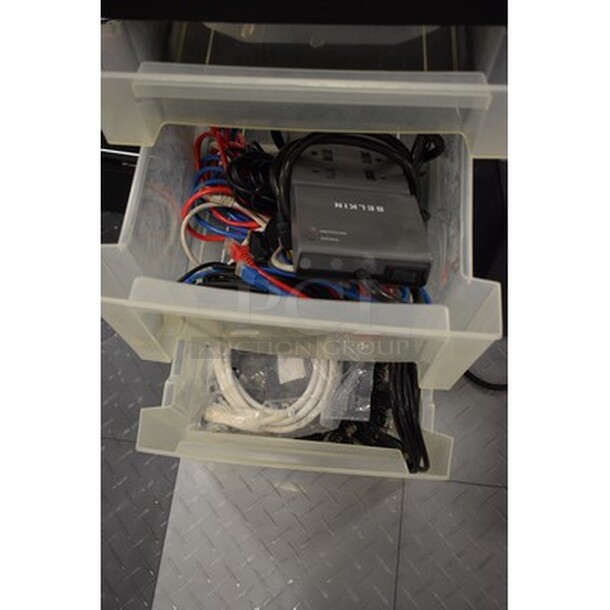 3 Drawer Plastic Storage Bin! Contents Include Various Wires and Belkin Surge Protector! - Image 3 of 4