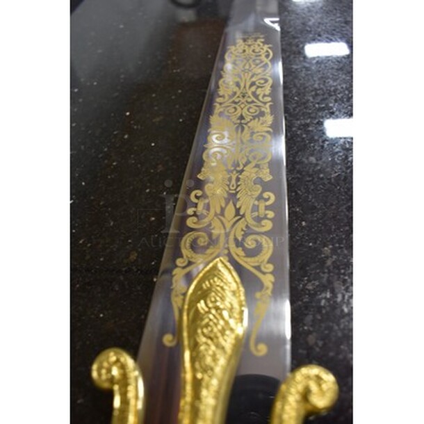 BEAUTIFUL! King Solomon Sword Gold by Marto Model 586. Judaic Symbols: Star of David , Lions of Judea and the Ark of the Covenant. Stainless Steel Blade with Judaic Etchings, 24K Gold Medallions. Ancient Judaic Sword. 47x1x10 - Image 3 of 11
