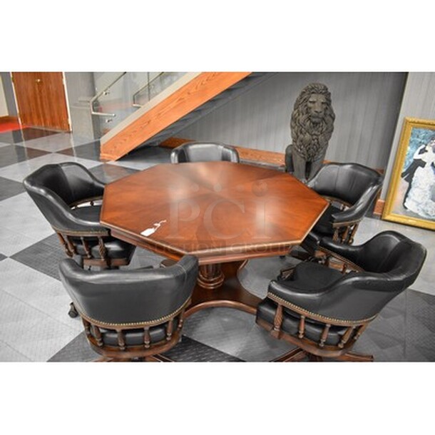 BREATHTAKING! Hillsdale Furniture Wooden Table With 5 Black Frontgate Burbank Game Table Leather Office Deluxe Rolling Swivel Chairs! Table is 52x52x31. Chairs Are 24x24x34.