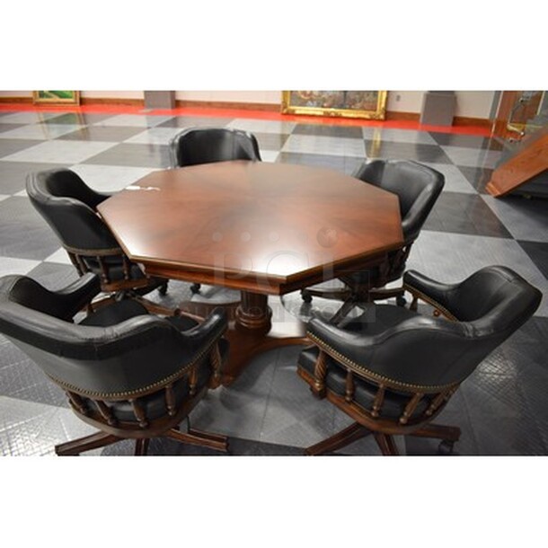 BREATHTAKING! Hillsdale Furniture Wooden Table With 5 Black Frontgate Burbank Game Table Leather Office Deluxe Rolling Swivel Chairs! Table is 52x52x31. Chairs Are 24x24x34. - Image 2 of 11