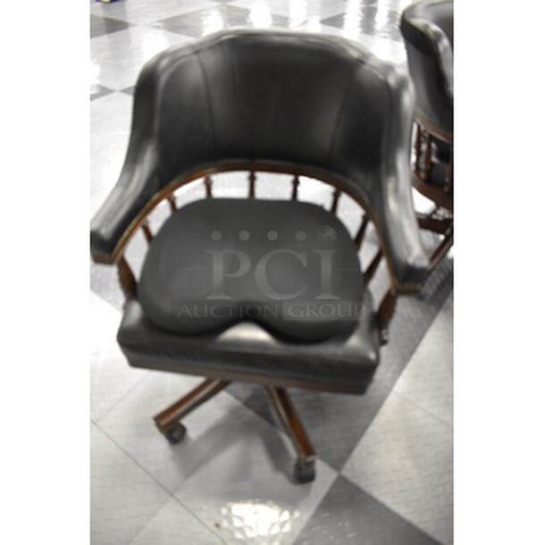 BREATHTAKING! Hillsdale Furniture Wooden Table With 5 Black Frontgate Burbank Game Table Leather Office Deluxe Rolling Swivel Chairs! Table is 52x52x31. Chairs Are 24x24x34. - Image 3 of 11