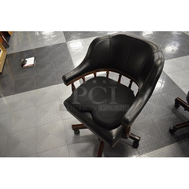 BREATHTAKING! Hillsdale Furniture Wooden Table With 5 Black Frontgate Burbank Game Table Leather Office Deluxe Rolling Swivel Chairs! Table is 52x52x31. Chairs Are 24x24x34. - Image 4 of 11