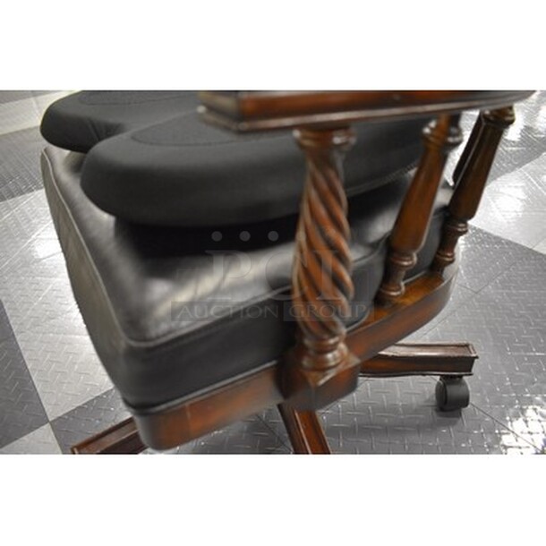 BREATHTAKING! Hillsdale Furniture Wooden Table With 5 Black Frontgate Burbank Game Table Leather Office Deluxe Rolling Swivel Chairs! Table is 52x52x31. Chairs Are 24x24x34. - Image 5 of 11