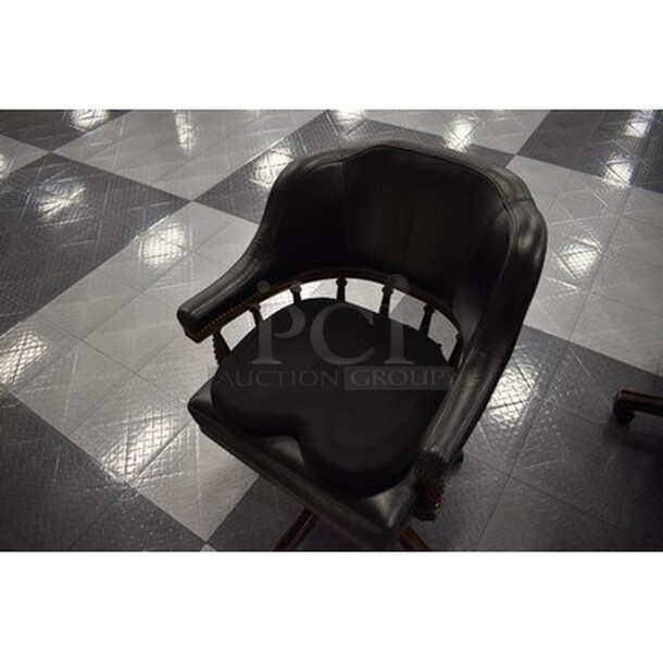 BREATHTAKING! Hillsdale Furniture Wooden Table With 5 Black Frontgate Burbank Game Table Leather Office Deluxe Rolling Swivel Chairs! Table is 52x52x31. Chairs Are 24x24x34. - Image 7 of 11