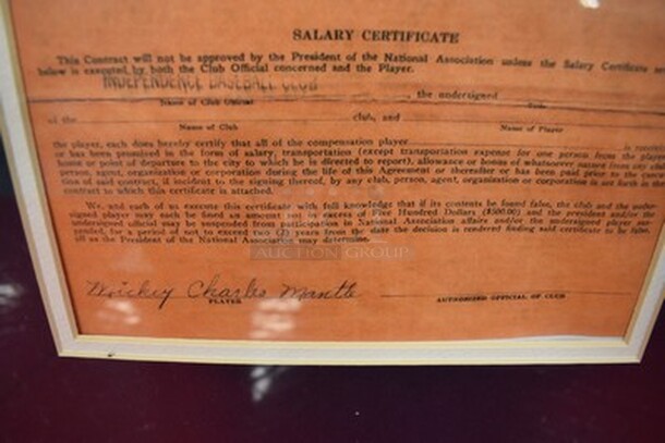 Copy of Mickey Mantle's 1949 Independence Baseball Club Player Contract in Frame! 35x1x19   - Image 6 of 12