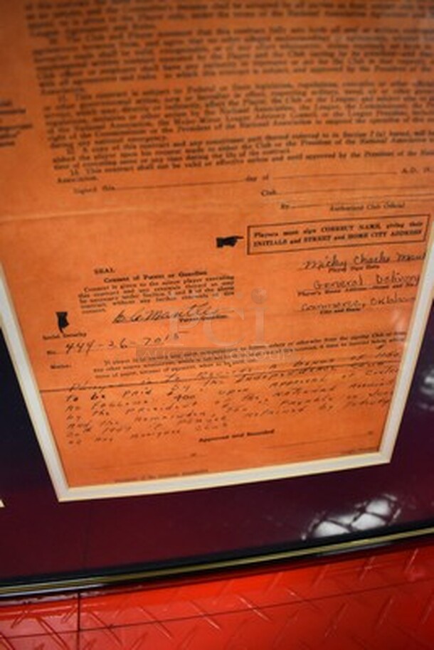 Copy of Mickey Mantle's 1949 Independence Baseball Club Player Contract in Frame! 35x1x19   - Image 10 of 12