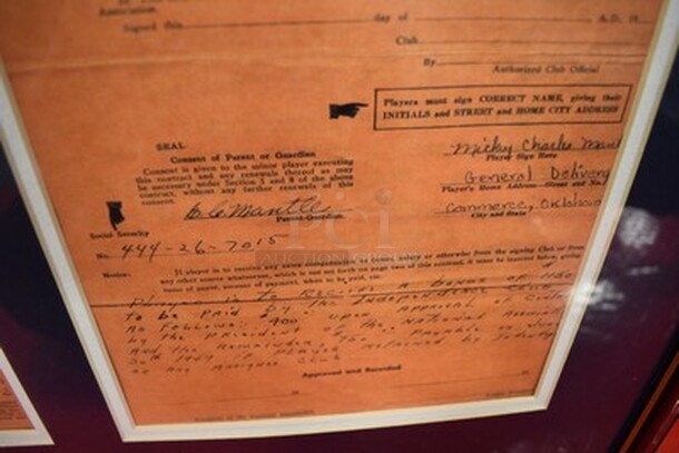 Copy of Mickey Mantle's 1949 Independence Baseball Club Player Contract in Frame! 35x1x19   - Image 11 of 12