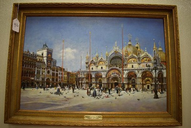 BEAUTIFUL! The Basilica and Piazza of San Marco Painting by Frederico del Campo in Gold Colored Frame From Art Dealer Ed Mero! 35x3x25