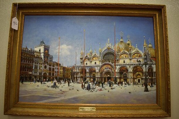 BEAUTIFUL! The Basilica and Piazza of San Marco Painting by Frederico del Campo in Gold Colored Frame From Art Dealer Ed Mero! 35x3x25 - Image 1 of 11