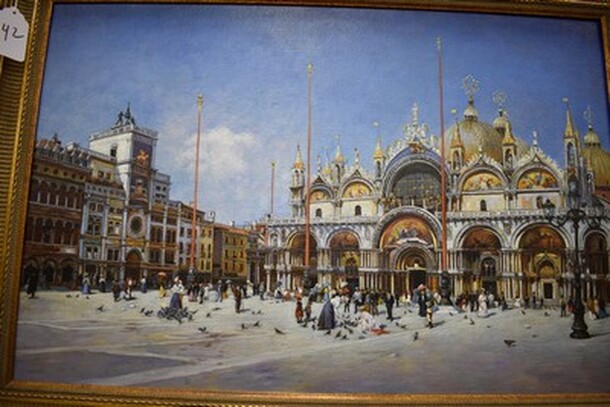 BEAUTIFUL! The Basilica and Piazza of San Marco Painting by Frederico del Campo in Gold Colored Frame From Art Dealer Ed Mero! 35x3x25 - Image 5 of 11