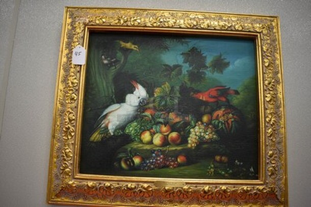 AWESOME! Fruit and Birds Oil Painting by Jakob Bogdany in Gold Colored Frame From Art Dealer Ed Mero! 32x1x28 - Image 1 of 7
