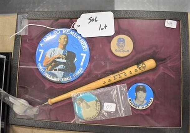 Various Mickey Mantle Sports Memorabilia! Includes Pin and Miniature Baseball Bat. All In One Money!