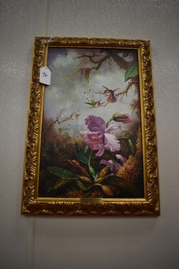MAGNIFICENT! Two Hummingbirds and Orchid Oil Painting by Martin Johnson Heade In Gold Colored Frame From Art Dealer Ed Mero! 18x2x26