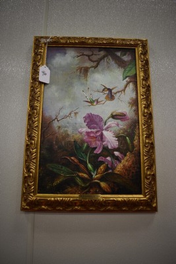 MAGNIFICENT! Two Hummingbirds and Orchid Oil Painting by Martin Johnson Heade In Gold Colored Frame From Art Dealer Ed Mero! 18x2x26 - Image 1 of 10