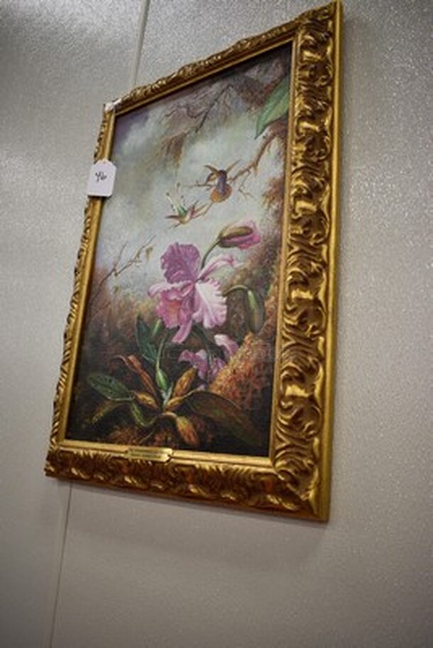 MAGNIFICENT! Two Hummingbirds and Orchid Oil Painting by Martin Johnson Heade In Gold Colored Frame From Art Dealer Ed Mero! 18x2x26 - Image 2 of 10