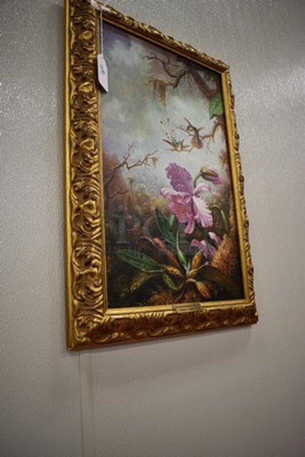 MAGNIFICENT! Two Hummingbirds and Orchid Oil Painting by Martin Johnson Heade In Gold Colored Frame From Art Dealer Ed Mero! 18x2x26 - Image 3 of 10