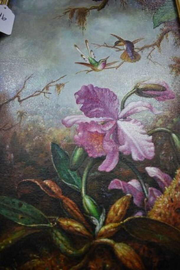 MAGNIFICENT! Two Hummingbirds and Orchid Oil Painting by Martin Johnson Heade In Gold Colored Frame From Art Dealer Ed Mero! 18x2x26 - Image 5 of 10