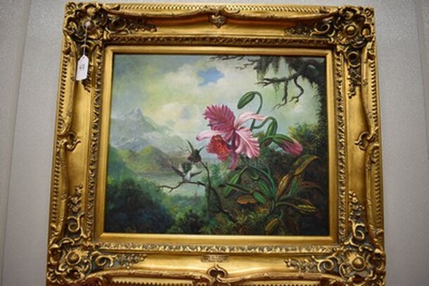 EXQUISITE! Orchid and Hummingbird Near a Mountain Lake Oil Painting by Martin Heade In Gold Frame From Art Dealer Ed Mero! 34x4x30 - Image 1 of 8