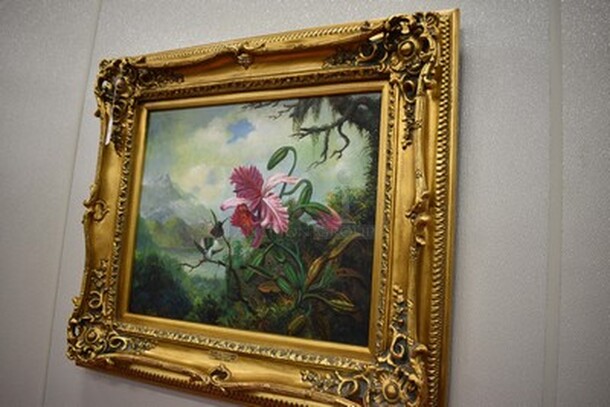 EXQUISITE! Orchid and Hummingbird Near a Mountain Lake Oil Painting by Martin Heade In Gold Frame From Art Dealer Ed Mero! 34x4x30 - Image 2 of 8