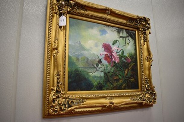 EXQUISITE! Orchid and Hummingbird Near a Mountain Lake Oil Painting by Martin Heade In Gold Frame From Art Dealer Ed Mero! 34x4x30 - Image 3 of 8