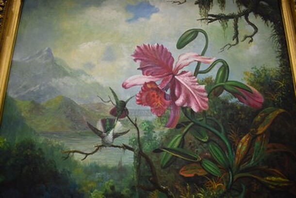 EXQUISITE! Orchid and Hummingbird Near a Mountain Lake Oil Painting by Martin Heade In Gold Frame From Art Dealer Ed Mero! 34x4x30 - Image 5 of 8
