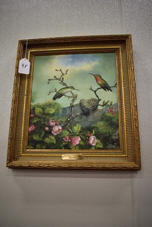 AMAZING! Ruby Throats of North America Oil Painting by Martin Heade In Golden Colored Frame From Art Dealer Ed Mero! 38x3x30 - Image 1 of 9