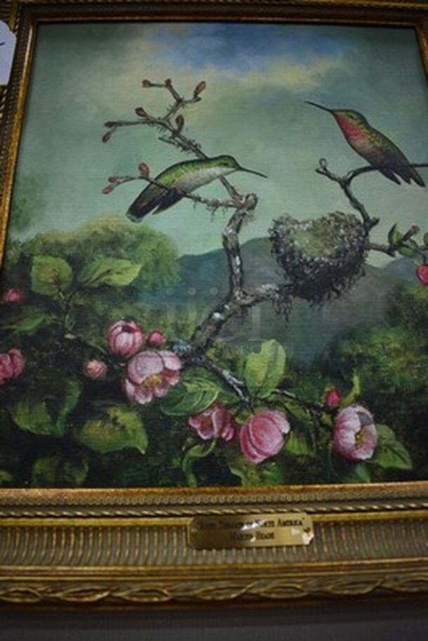 AMAZING! Ruby Throats of North America Oil Painting by Martin Heade In Golden Colored Frame From Art Dealer Ed Mero! 38x3x30 - Image 5 of 9