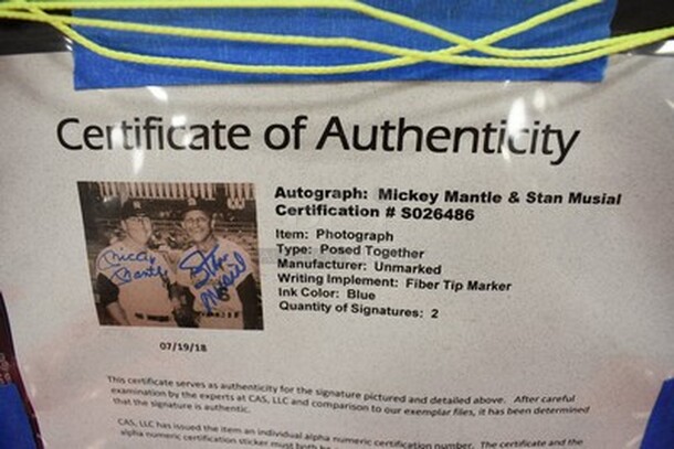 Autographed Picture of Mickey Mantle and Stan Musial Posing Together. Comes With Certificate of Authenticity! 14x1x17.5 - Image 7 of 10