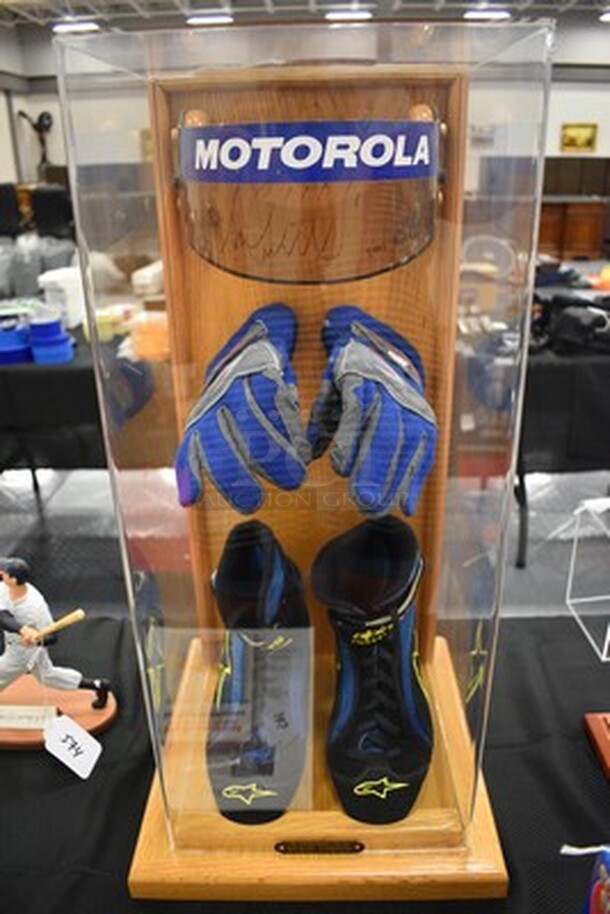 ONE OF A KIND! Gear Worn By Michael Andretti From 2001 Freightliner/G.I. Joes 200 In Custom Display Case. Autographed By Michael Andretti! 13x13x25 - Image 1 of 8