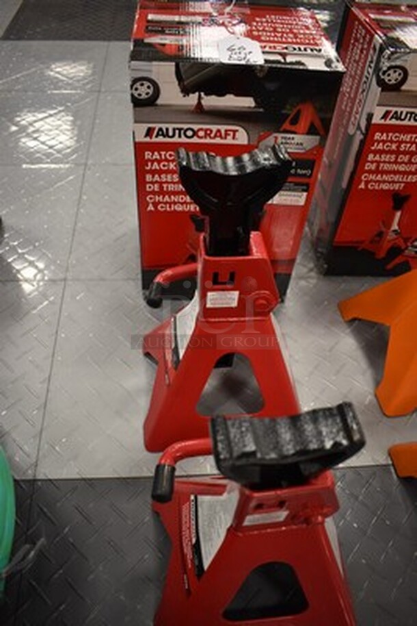 2 Autocraft 3 Ton Ratcheting Jack Stands and 1 box! AC938. 7x7x19. - Image 1 of 6
