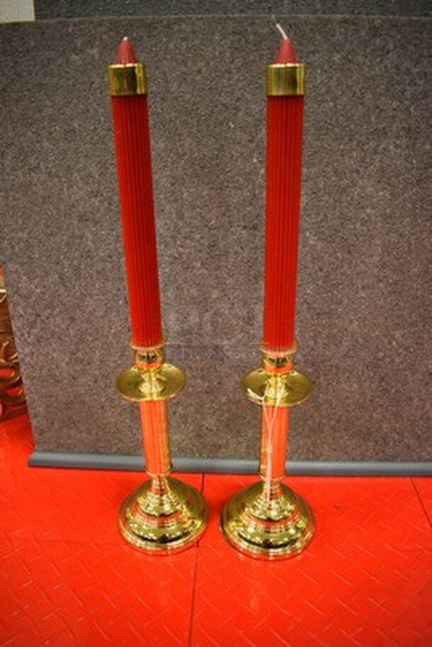 2 Gold Colored Candle Holders With Red Candles! 22 - Image 1 of 4