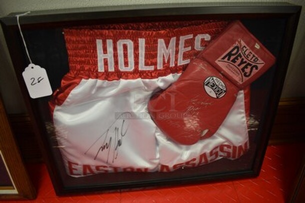 AWESOME! Autographed Larry Holmes Boxing Shorts and Boxing Glove In Black Shadow Box. 21x2x17.5