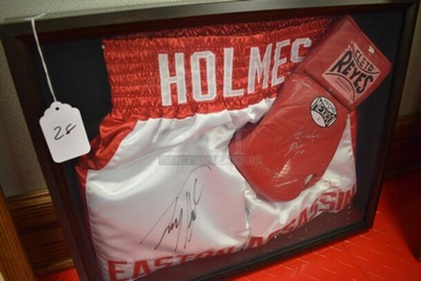 AWESOME! Autographed Larry Holmes Boxing Shorts and Boxing Glove In Black Shadow Box. 21x2x17.5 - Image 3 of 11