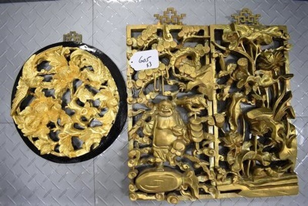 3 Gold and Black Colored Wall Decor! Circular Piece is 12x12x2, Rectangular Pieces are 8x2x17. 3x Your Bid!