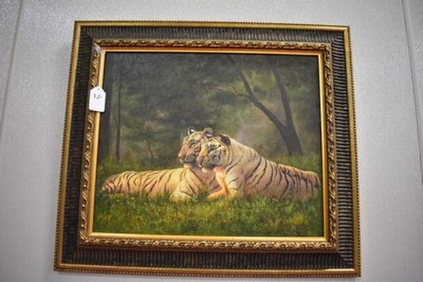 STUNNING! Painting of Lions in Black and Gold Frame From Art Dealer Ed Mero! 32x2.5x29