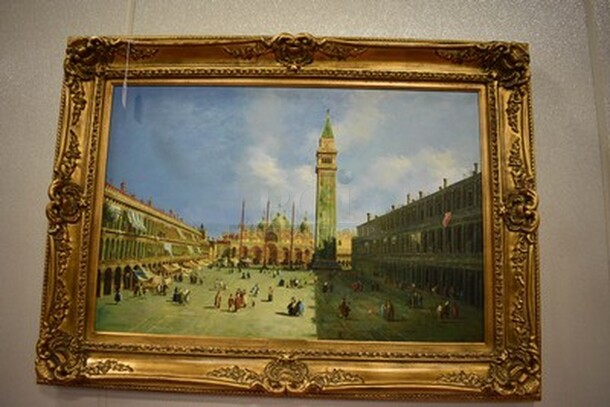 Piazza San Marco Looking East Painting by Canaletto in Gold Frame From Art Dealer Ed Mero! 46x5x34. - Image 1 of 6