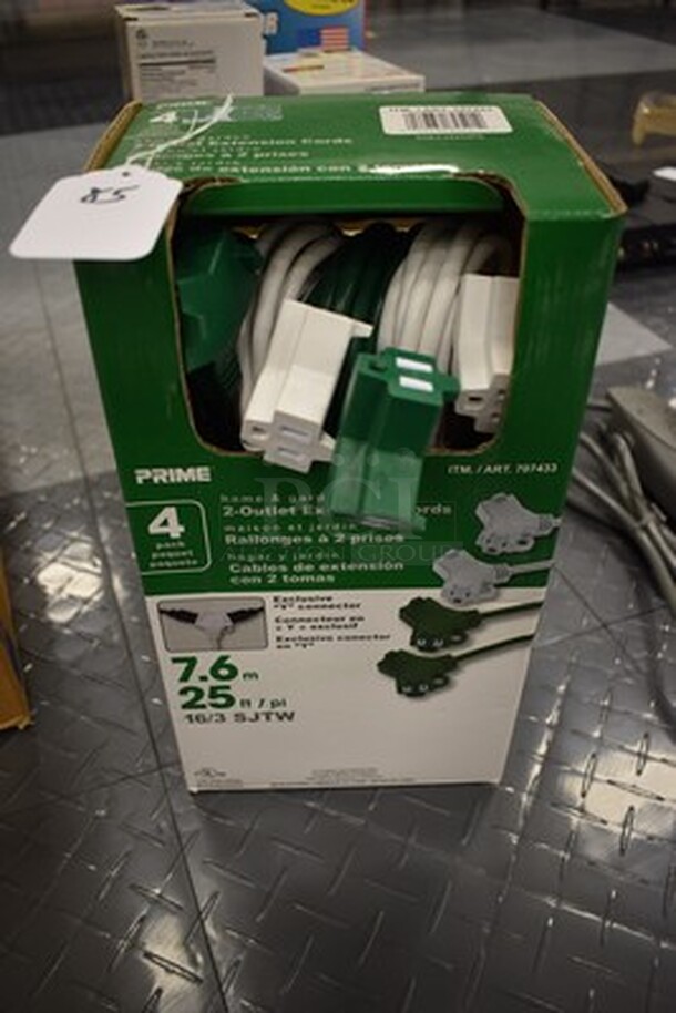 BRAND NEW IN BOX! Prime Brand 4 Pack of 25ft 2-Outlet Extension Cords!