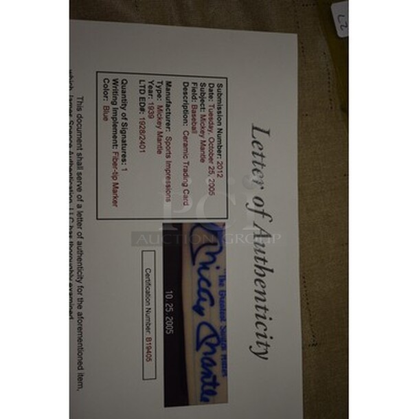 STUNNING! Mickey Mantle Autographed Porcelain Baseball Card. Comes With Certificate of Authenticity! - Image 3 of 8