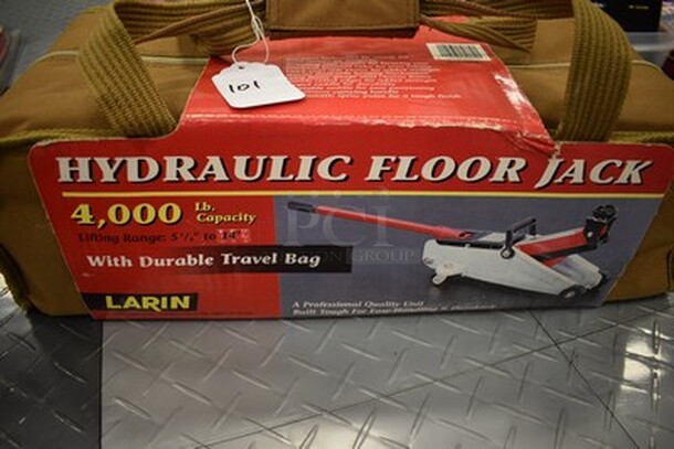 STILL IN ORIGINAL BOX! Larin Brand 4000lb Capacity Hydraulic Floor Jack with Travel Bag. 