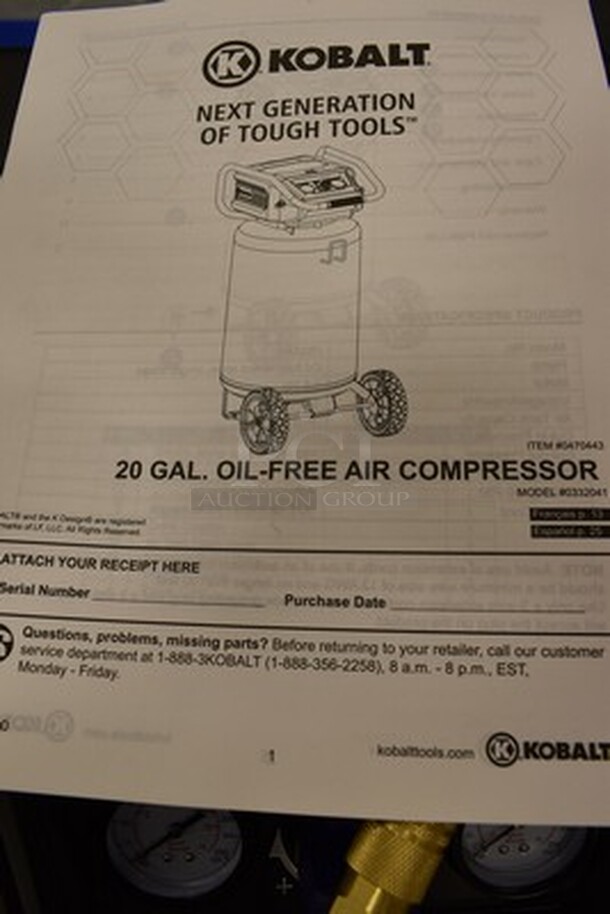 Kobalt Brand Model 0332041 Air Compressor on Wheels! 20 Gallon, 1.8HP, 150 Max PSI. 120V, 60Hz. 18x20x38. Tested and Working! - Image 4 of 12
