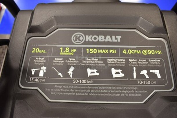 Kobalt Brand Model 0332041 Air Compressor on Wheels! 20 Gallon, 1.8HP, 150 Max PSI. 120V, 60Hz. 18x20x38. Tested and Working! - Image 6 of 12
