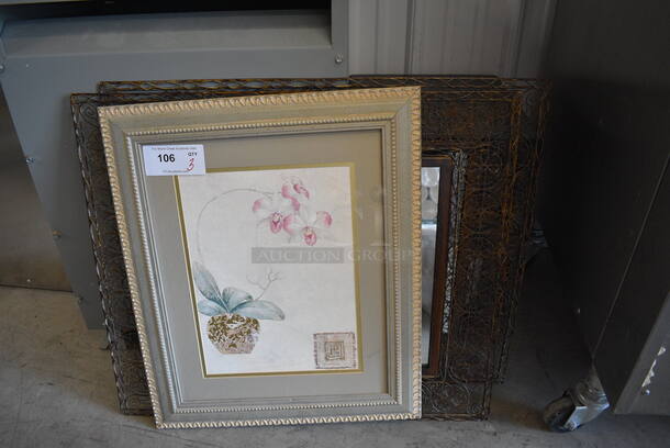 3 Items; Framed Picture and 2 Framed Mirrors. 20.5x1x25, 29x1x26. 3 Times Your Bid!