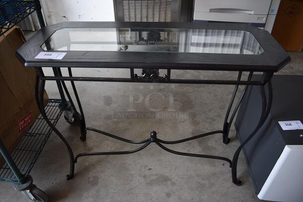 Black Table w/ Glass Center on Metal Frame. 40x16x30