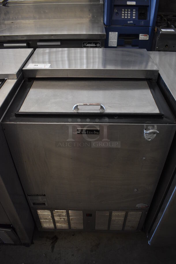 GREAT! Perlick Model FR24 Stainless Steel Commercial Bottle Back Bar Cooler w/ Sliding Lid on Commercial Casters. 115 Volts, 1 Phase. 24x24x38. Tested and Working!