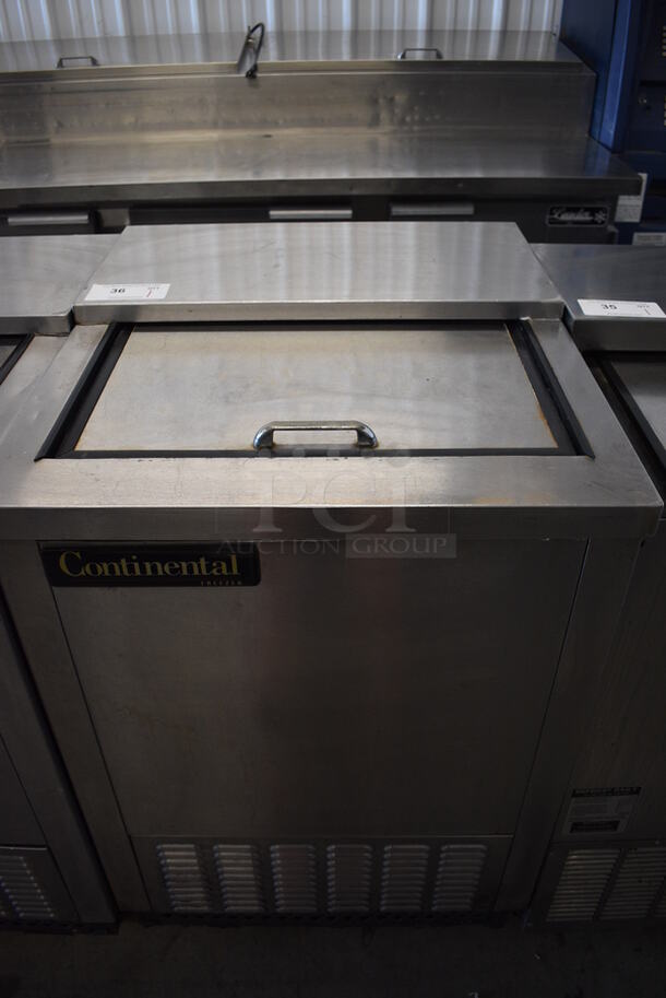 GREAT! Continental Model CGC24-SS Stainless Steel Commercial Bottle Back Bar Cooler w/ Sliding Lid on Commercial Casters. 115 Volts, 1 Phase. 24x28x39. Tested and Powers On But Does Not Get Cold