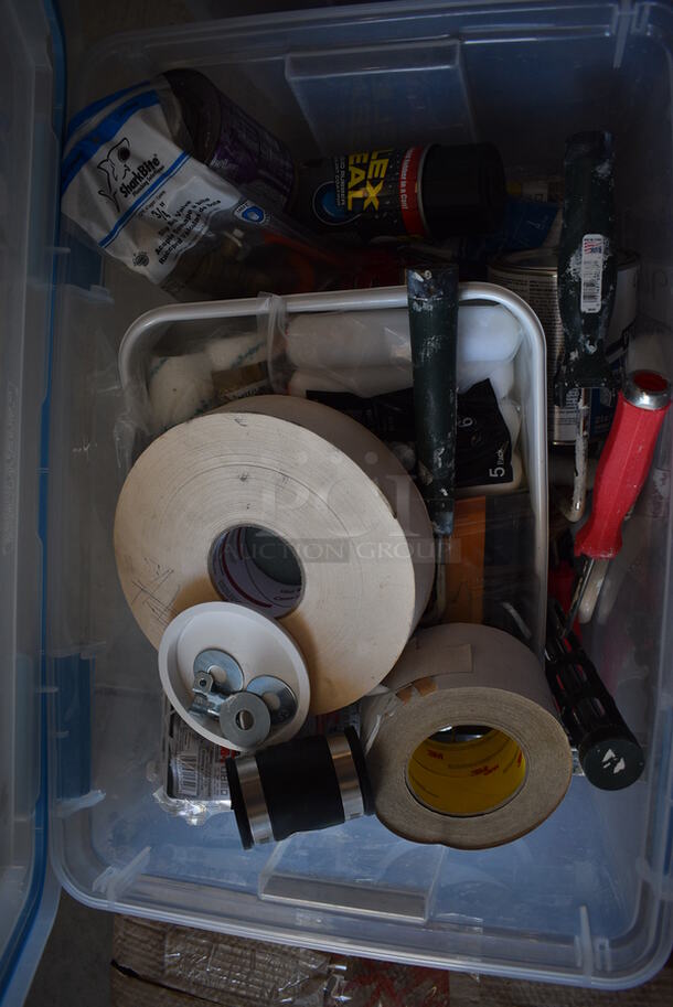 ALL ONE MONEY! Lot of Various Items Including Painting Supplies In Clear Bin!