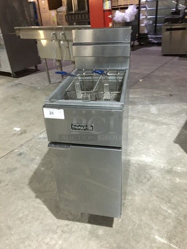 NICE! Thermatek Commercial Natural Gas Powered Deep Fat Fryer! With 2 Frying Baskets! With Backsplash! All Stainless Steel! Model TFE40N Serial 11AC00211AEN! 40 LB Capacity! On Legs!