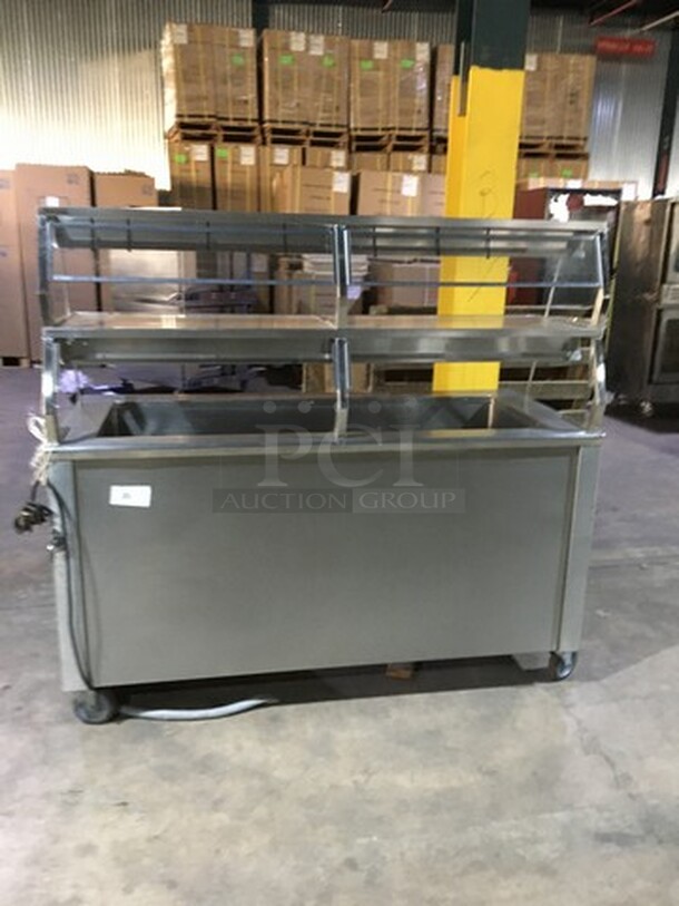 Precision Refrigerated Cold Pan/Sandwich Serving Station! With Front Sneeze Guard! With Overhead Serving Shelf! All Stainless Steel! On Casters!