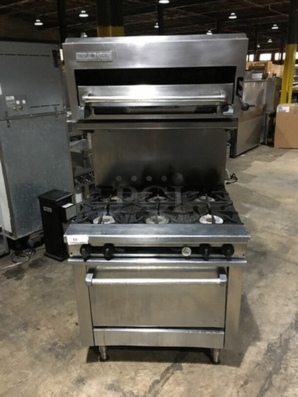 BEAUTIFUL! American Range Commercial Natural Gas Powered 6 Burner Stove! With Overhead Salamander/Cheese Melter Combo! With Full Size Oven Underneath! All Stainless Steel! On Casters!